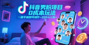 抖音男粉项目0成本玩法，一部手机即可操作，日均4张+，时间自由-优优云网创