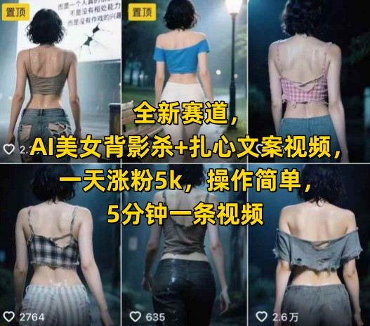 全新赛道，AI美女背影杀+扎心文案视频，一天涨粉5k，操作简单，5分钟一条视频-优优云网创
