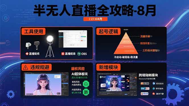 （15669期）半无人直播全攻略-8月：工具使用+起号逻辑+违规规避,新增AI超体与跨境模块-优优云网创