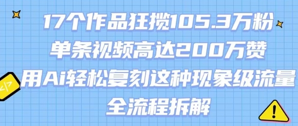 17个作品狂揽105.3W粉，单条视频高达200W赞，用Ai轻松复刻这种现象级流量!(全流程拆解)-优优云网创