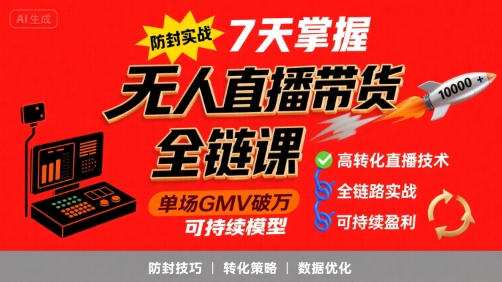无人直播带货全链防封实战课，7天掌握高转化直播技术，实现单场GMV破万可持续模型-优优云网创