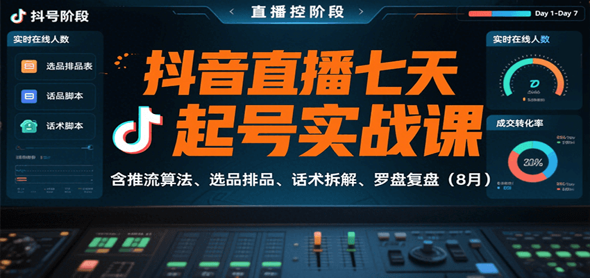 抖音直播七天起号实战课：含推流算法、选品排品、话术拆解、罗盘复盘（8月）-优优云网创